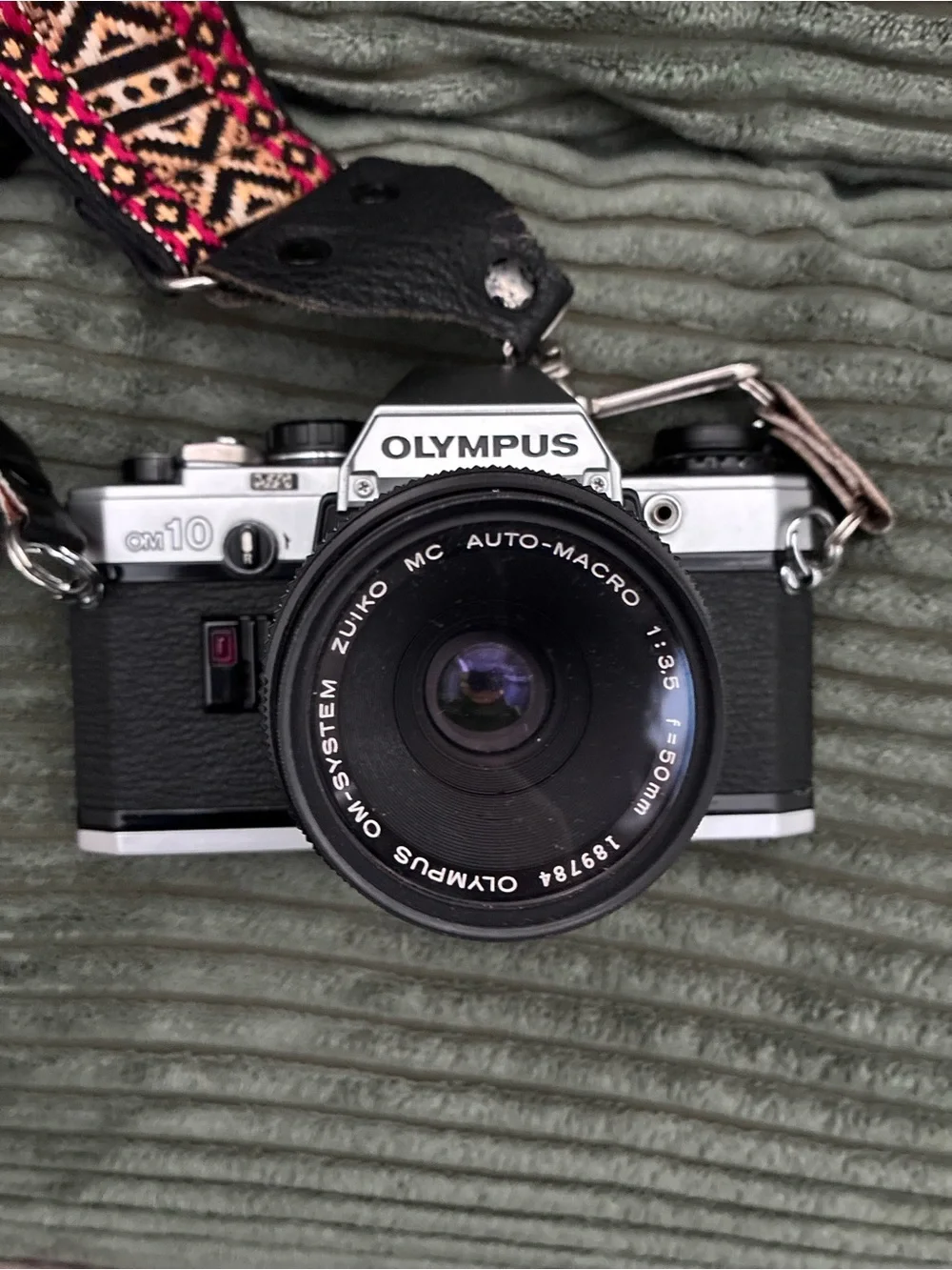 Olympus OM10 35mm Film Camera with Pink Patterned Strap